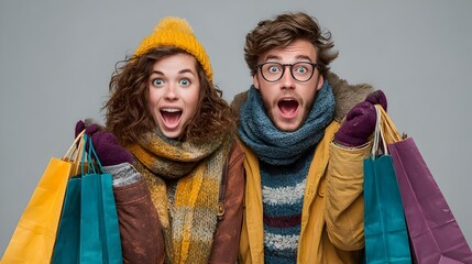 An excited young couple in winter clothes holds shopping bags after finding amazing deals and great discounts.