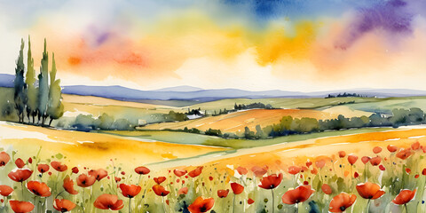 Watercolor Poppy Field and Cypress Trees in Tuscan Countryside at Sunset