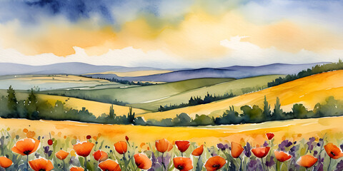 Watercolor Poppy Field and Cypress Trees in Tuscan Countryside at Sunset