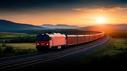 Obraz premium Scenic sunset train journey through beautiful countryside landscape