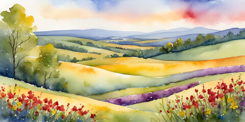 Watercolor Tuscan Landscape with Poppy Fields under a Dramatic Cloudy Sky