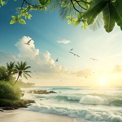 Sunny Summer Background with Tropical Elements – Photorealistic, Clean, Text-Friendly Composition