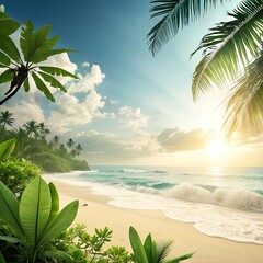 Sunny Summer Background with Tropical Elements – Photorealistic, Clean, Text-Friendly Composition
