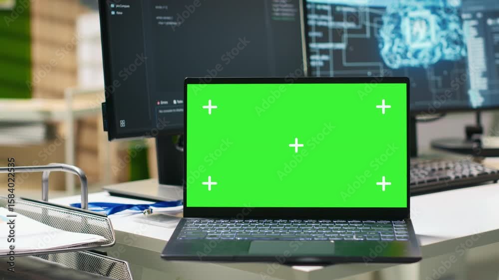 Poster chroma key notebook in ai industry startup workspace leveraging machine learning technology. empty s