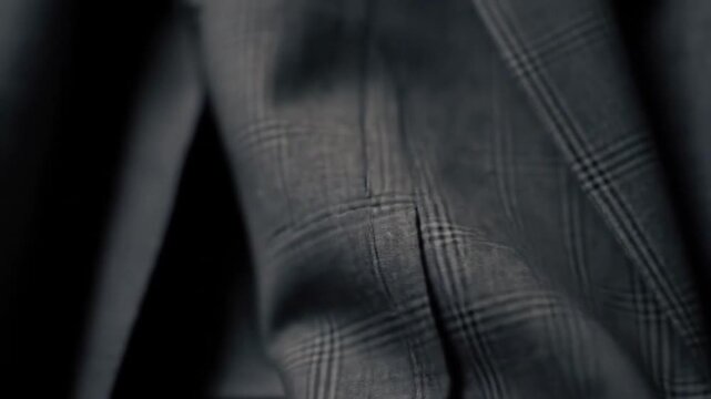 Close up of a gray plaid suit jacket with a black button and a pocket detail visible