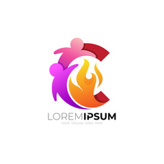 C logo with people care design template, c logo and fire design