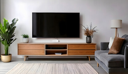 A modern living room with a large television and wooden furniture