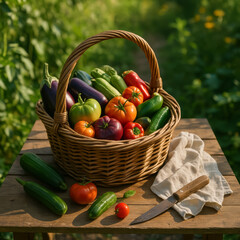 A basket of fresh vegetables on a wooden table outdoors