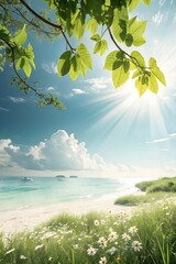 Sunny Summer Background with Tropical Elements – Photorealistic, Clean, Text-Friendly Composition
