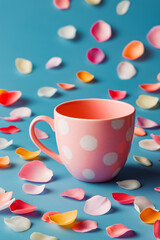 Pink Cup with Scattered Pastel Petals on Blue Background