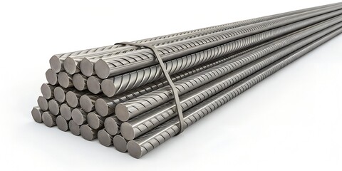 Rustic Steel Rebar Bundles on White Background – Industrial Construction Rods, 16K Resolution