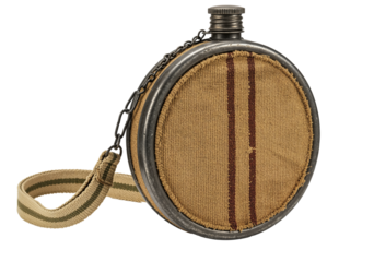 Vintage Military Canteen with Striped Brown Fabric and Metal Details, Travel Accessories, Transparent Background PNG