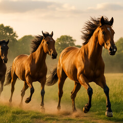 Fototapeta premium Three horses running joyfully through a sunlit field