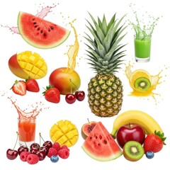 Fresh fruit juice and healthy smoothie assortment on white backdrop