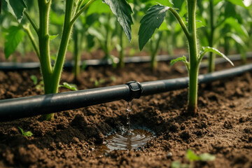 Irrigation system dripping water on growing tomato plants in field
