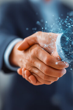 Trust partnership concept with businessman holding digital handshake icon, representing reliable cooperation, strategic success, long-term business relationships, B2B marketing, consulting.