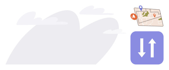 Map with location pins and route marks paired with directional arrows conveying navigation and travel. Ideal for navigation, logistics, travel, route planning, geolocation, GPS, simple flat metaphor