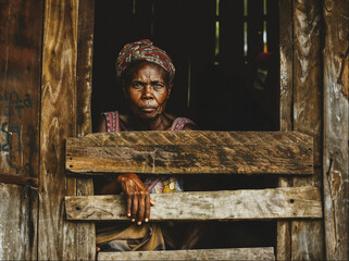 Elderly woman standing in a rustic wooden doorway, looking out with intensity