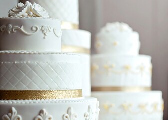A close up view of several white tiered cakes with gold ribbon decorations visible