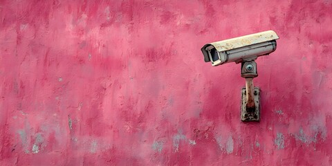 Solitary Security Camera on Vivid Pink Textured Wall Background