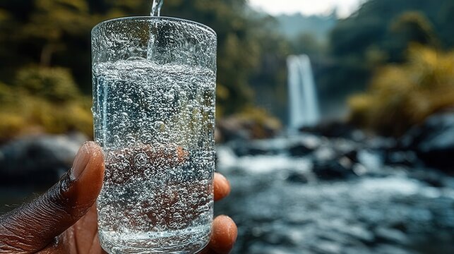 Embracing nature's elixir a refreshing glass of pristine water from a majestic Waterfall