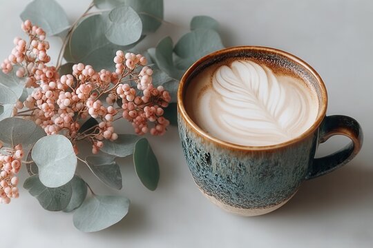 Coffee with latte art and eucalyptus arrangement provides serenity in the morning