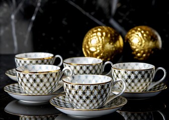 Elegant tea cups with intricate lattice design and golden accents on dark surface