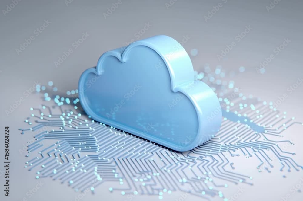 Poster 3d render of a blue cloud icon on a white background with circuit board elements symbolizes the idea