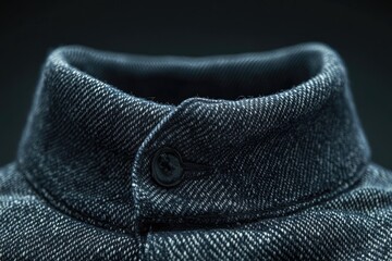 A close-up of a textured blue-grey shirt collar with a button, showcasing its fabric and design.