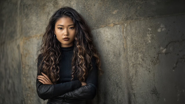 Portrait of a young Latina teenager. A confident, defiant expression. Long brown wavy hair. A strong, self-assured and rebellious woman. Urban environment.