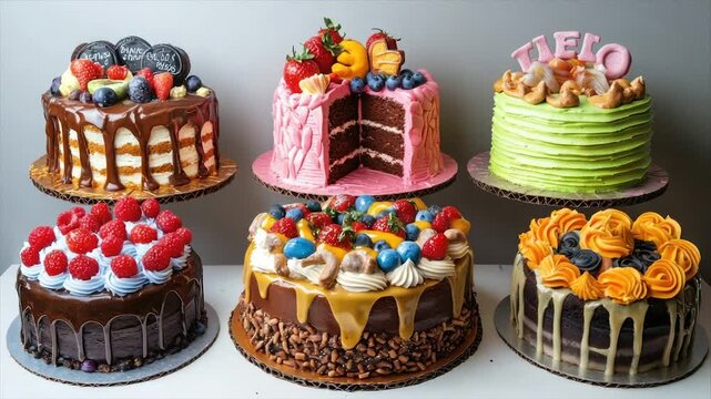 Six delectable cakes adorned with fresh fruit, chocolate, and frosting, displayed on cake stands
