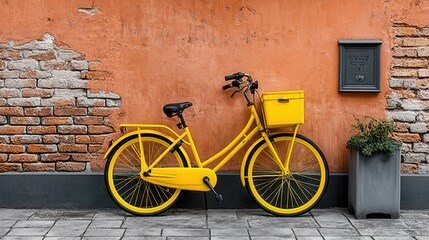 Lemon luminance a bright yellow bicycle leans against aged brick, a touch of sunshine in urbane surroundings