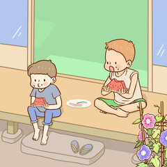 縁側でスイカを食べる2人の男の子