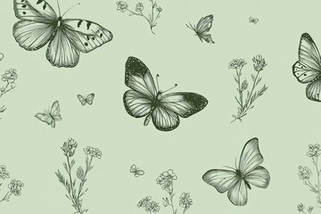 Delicate butterflies and flowers on a mint green background