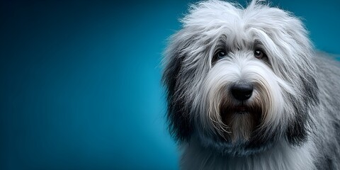 Fluffy Dog Portrait with Bright Blue Background Captures Playful Essence