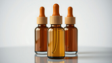 Three dropper bottles containing essential oil stand against a clean white backdrop, creating a simple yet elegant beauty or pharmaceutical presentation for your design needs.