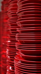 A photo of several stacks of red ceramic dinner plates all in a row.