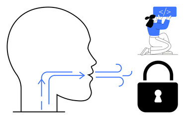 Head outline with airflow arrows, kneeling programmer coding on laptop, and closed lock emphasizing cybersecurity, privacy, artificial intelligence, encryption, biometrics, programming, simple