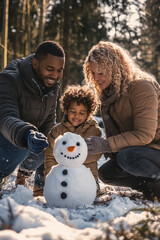 Photo of a happy family building a snowman in a winter park. Mother and father and their son