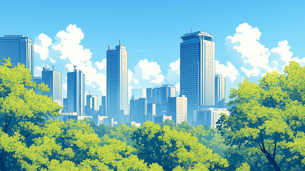 Obraz premium 1980年代アニメ調のレトロな雰囲気漂う都会の朝景色イラスト素材｜高層ビルに差し込む朝日と澄んだ空気が交差する、懐かしくも新鮮なシティポップ風の爽やかな風景描写