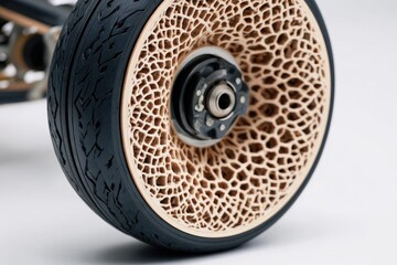 Obraz premium Close-up of a unique wheel with a light-brown, intricate, patterned rim