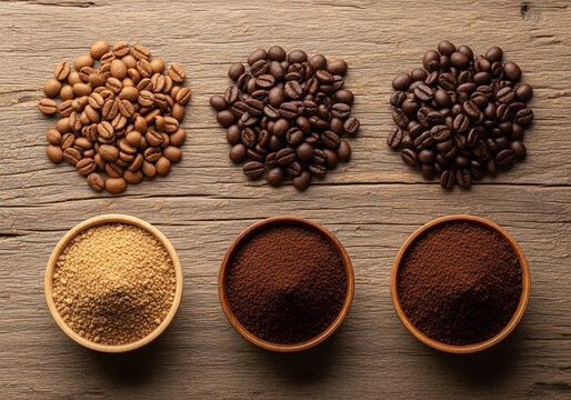 Various forms of coffee, from whole beans to fine powder, in bowls on a wood background, perfect for showcasing coffee varieties or the roasting process