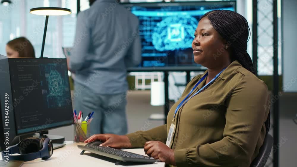  female technician writing code on pc, developing neural networks apis. system administrator using co