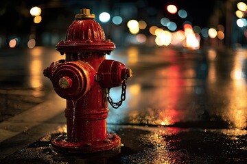 Red fire hydrant on wet city street at night (2)