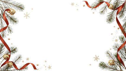 Christmas Frame with Pine Twigs, Red Ribbon, and Golden Bells