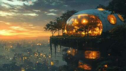 Futuristic dome home overlooking a city at sunset - Powered by Adobe