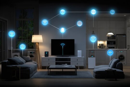 Wireless smart home network visualized in a living room at night