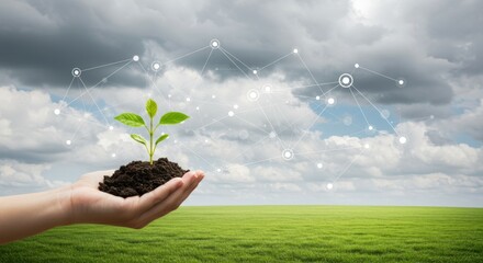 Hand holding soil with sprouting plant and digital network overlay in green field background