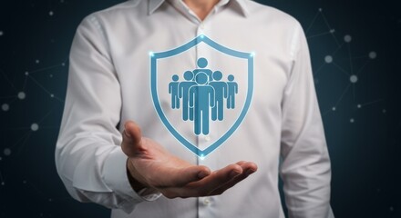 Business concept of insurance and trust with shield protecting people inside in formal attire