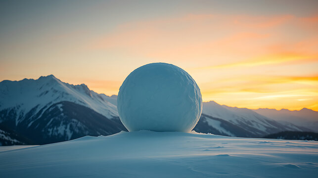 A serene winter scene presents a perfect snowball resting peacefully on the snow, with snow-covered mountains standing tall against a beautiful sunset sky during the tranquil twilight hours.